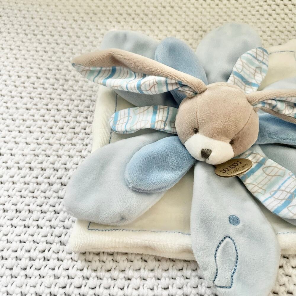 Doudou et Compagnie Blue Bunny Flower Petal Celestin Baby Lovey Security Blanket - Picture 7 of 10